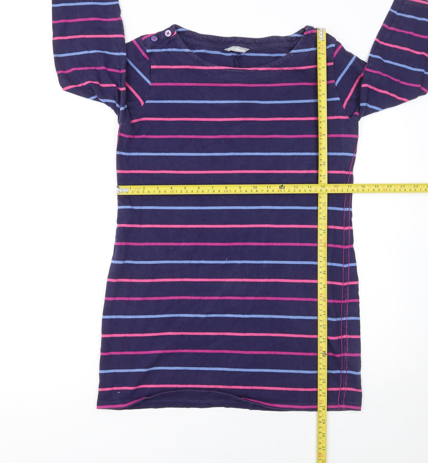 Marks and Spencer Women Blue Striped Shift Dress Size 12 3/4 Sleeve