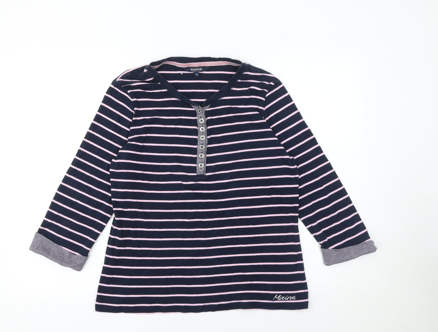 Maine New England Women's Blue Striped Long Sleeve Henley T-Shirt Size 16