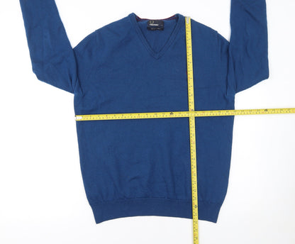 Fred Perry Men's Blue Merino Wool V-Neck Jumper L Classic Knitwear