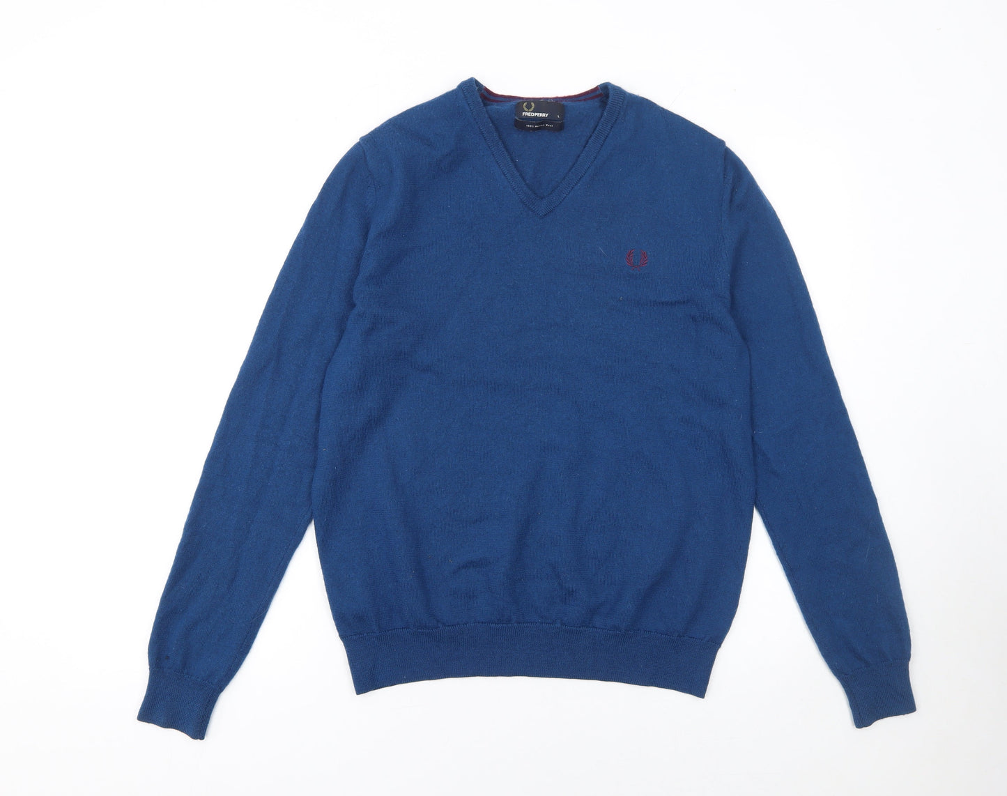 Fred Perry Men's Blue Merino Wool V-Neck Jumper L Classic Knitwear