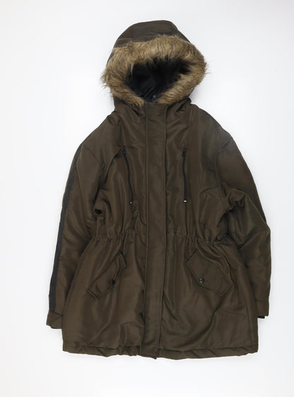 Boohoo Womens Green Faux Fur Hooded Parka Coat Size 14