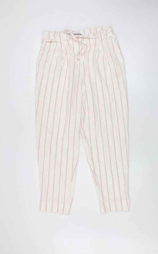 Mint Velvet Women Ivory Striped Paperbag Tapered Trousers Size 10