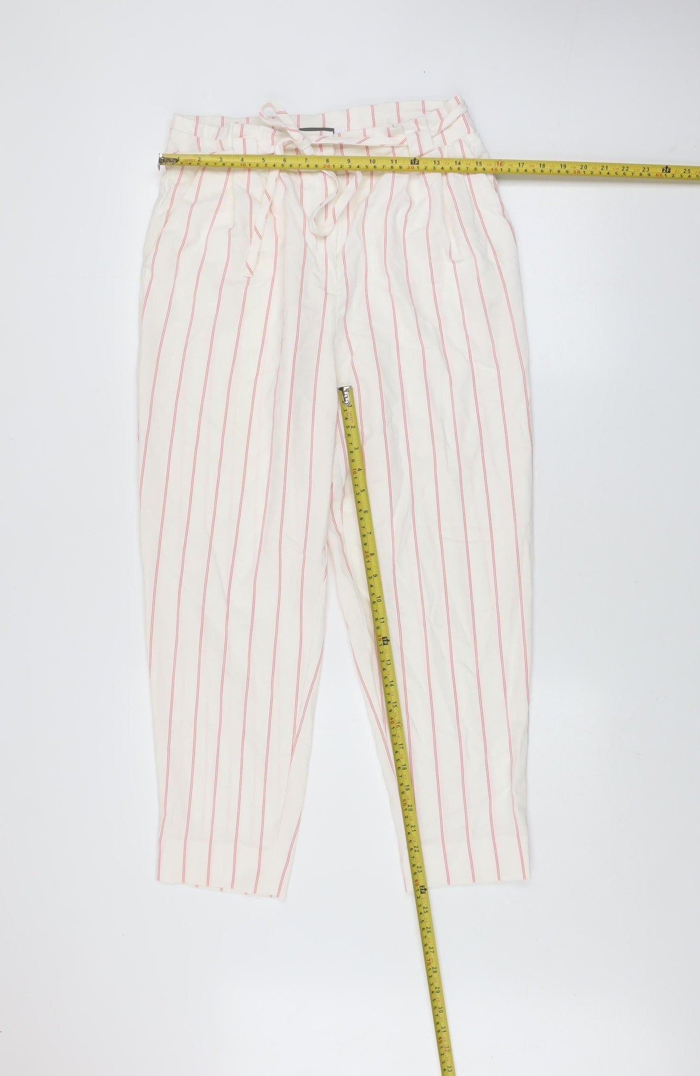 Mint Velvet Women Ivory Striped Paperbag Tapered Trousers Size 10