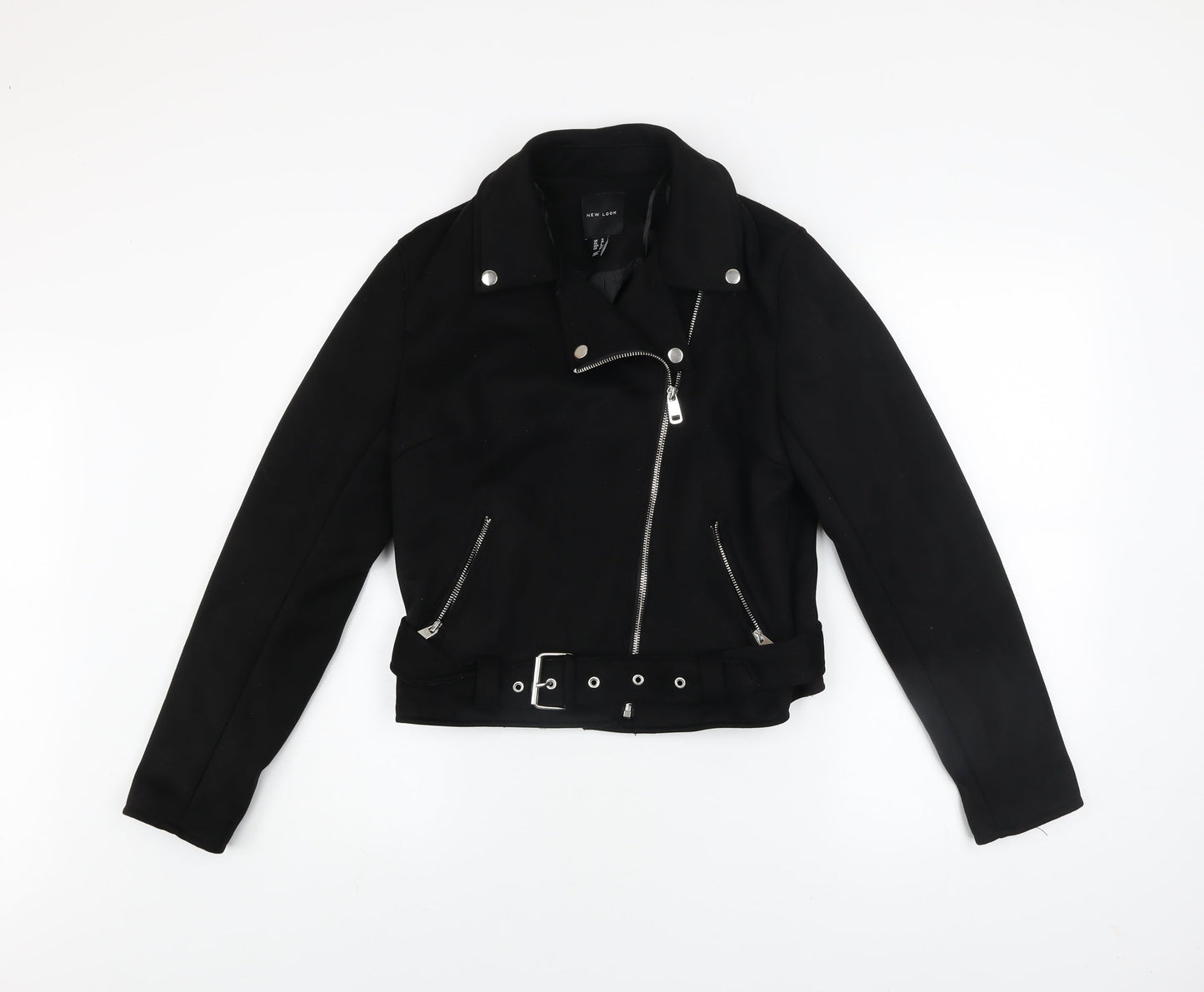 New Look Womens Black Biker Jacket Size 12 Belted Zip Short Softshell