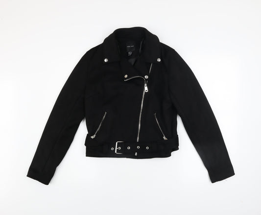New Look Womens Black Biker Jacket Size 12 Belted Zip Short Softshell
