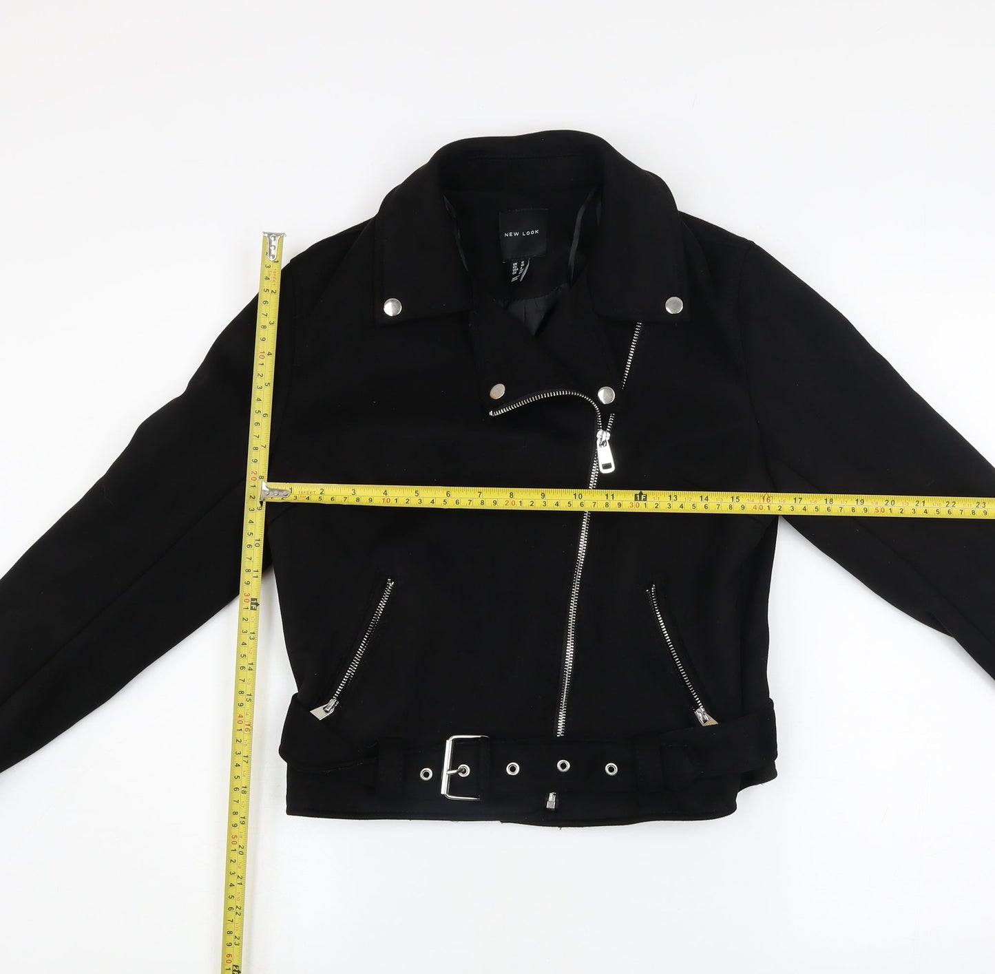 New Look Womens Black Biker Jacket Size 12 Belted Zip Short Softshell
