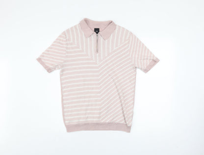 River Island Men's Beige Striped Knit Zip Polo Shirt Size S