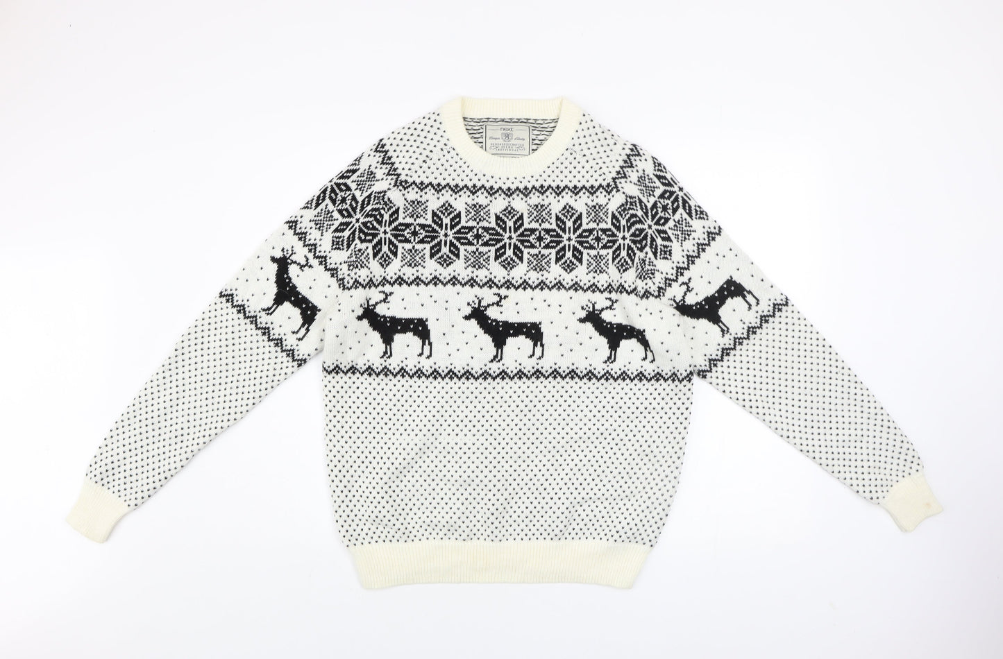 Next Men's White Fair Isle Reindeer Jumper L Winter Knitwear