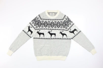 Next Men's White Fair Isle Reindeer Jumper L Winter Knitwear