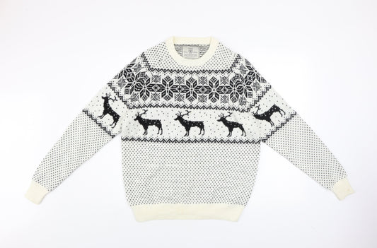 Next Men's White Fair Isle Reindeer Jumper L Winter Knitwear