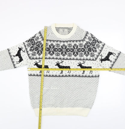 Next Men's White Fair Isle Reindeer Jumper L Winter Knitwear