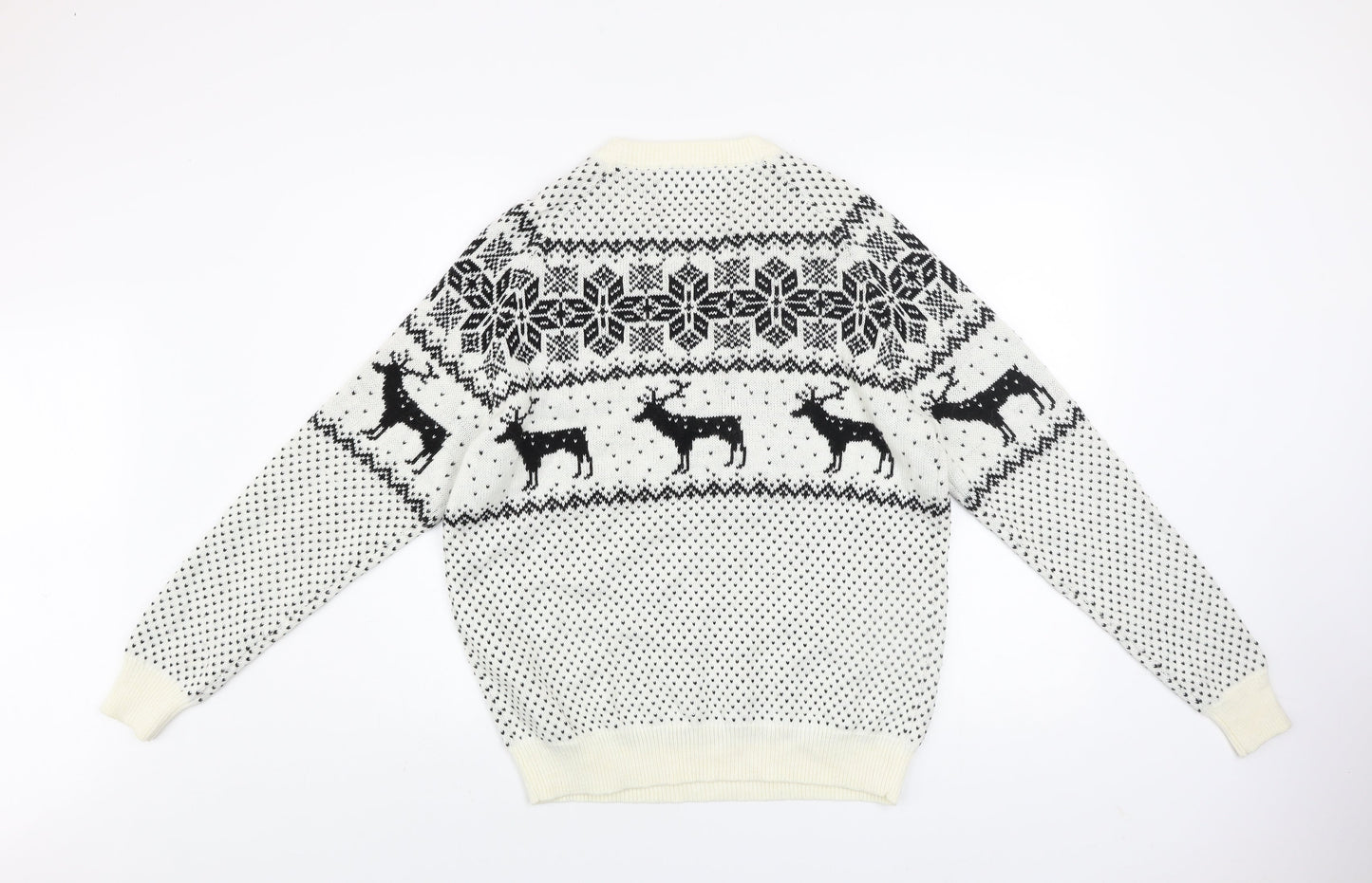 Next Men's White Fair Isle Reindeer Jumper L Winter Knitwear