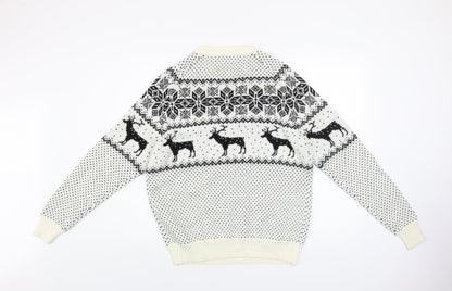 Next Men's White Fair Isle Reindeer Jumper L Winter Knitwear