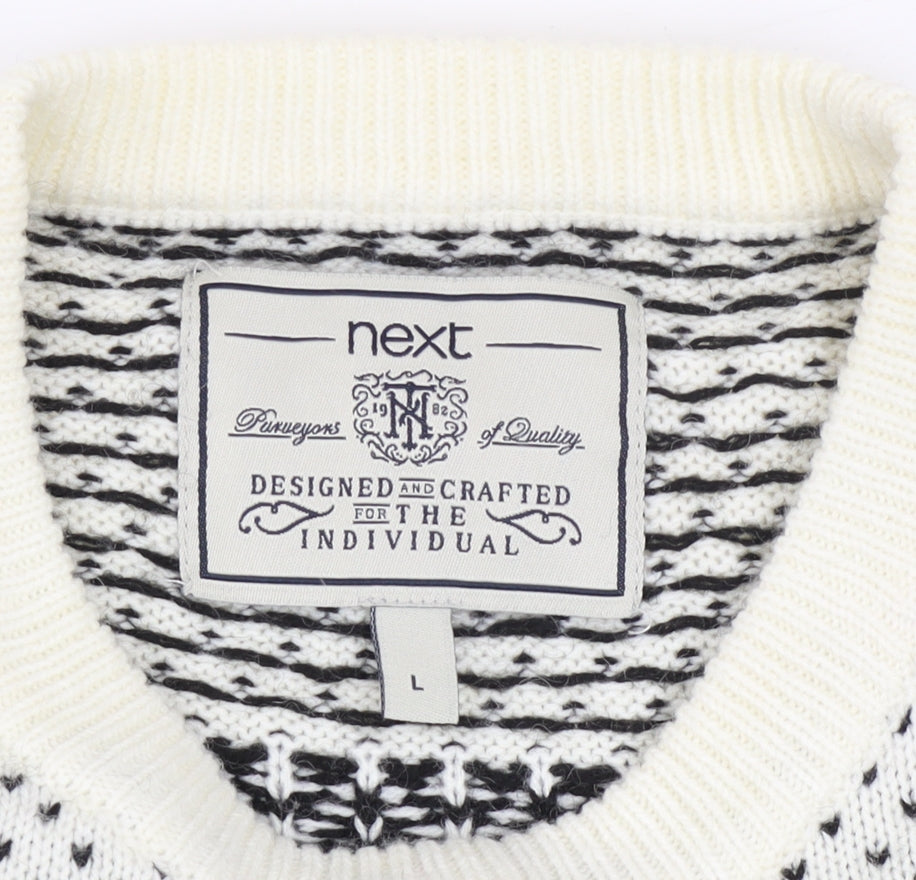 Next Men's White Fair Isle Reindeer Jumper L Winter Knitwear