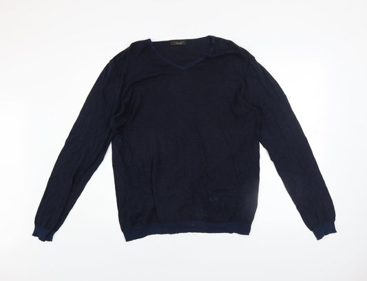 Zara Man Blue Striped Cotton V-Neck Jumper XL Regular Fit