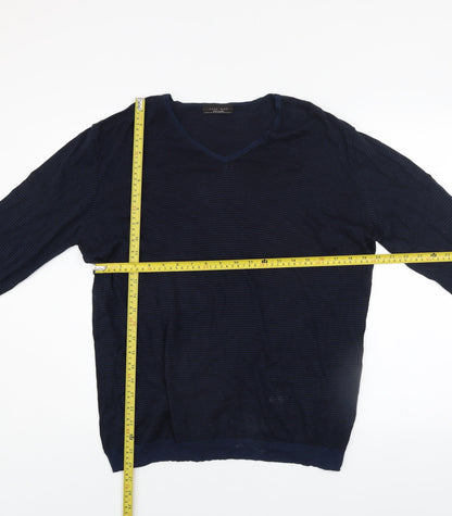 Zara Man Blue Striped Cotton V-Neck Jumper XL Regular Fit