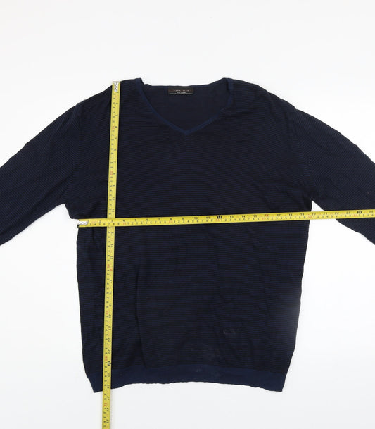 Zara Man Blue Striped Cotton V-Neck Jumper XL Regular Fit