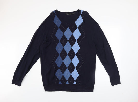 Claiborne Men's Blue Argyle V-Neck Cotton Jumper L