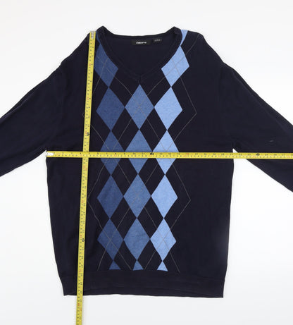 Claiborne Men's Blue Argyle V-Neck Cotton Jumper L