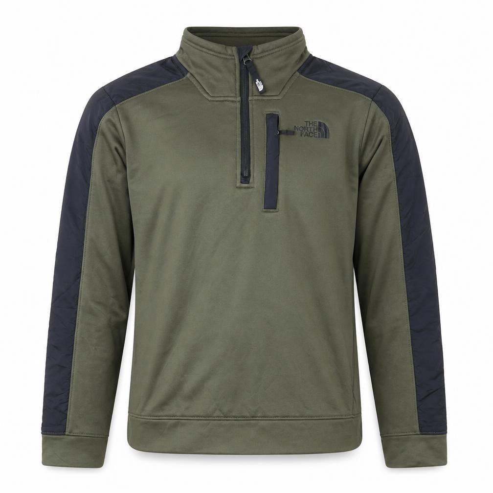 Front view of The North Face boys’ green xl fleece active jacket with 1/4 zip