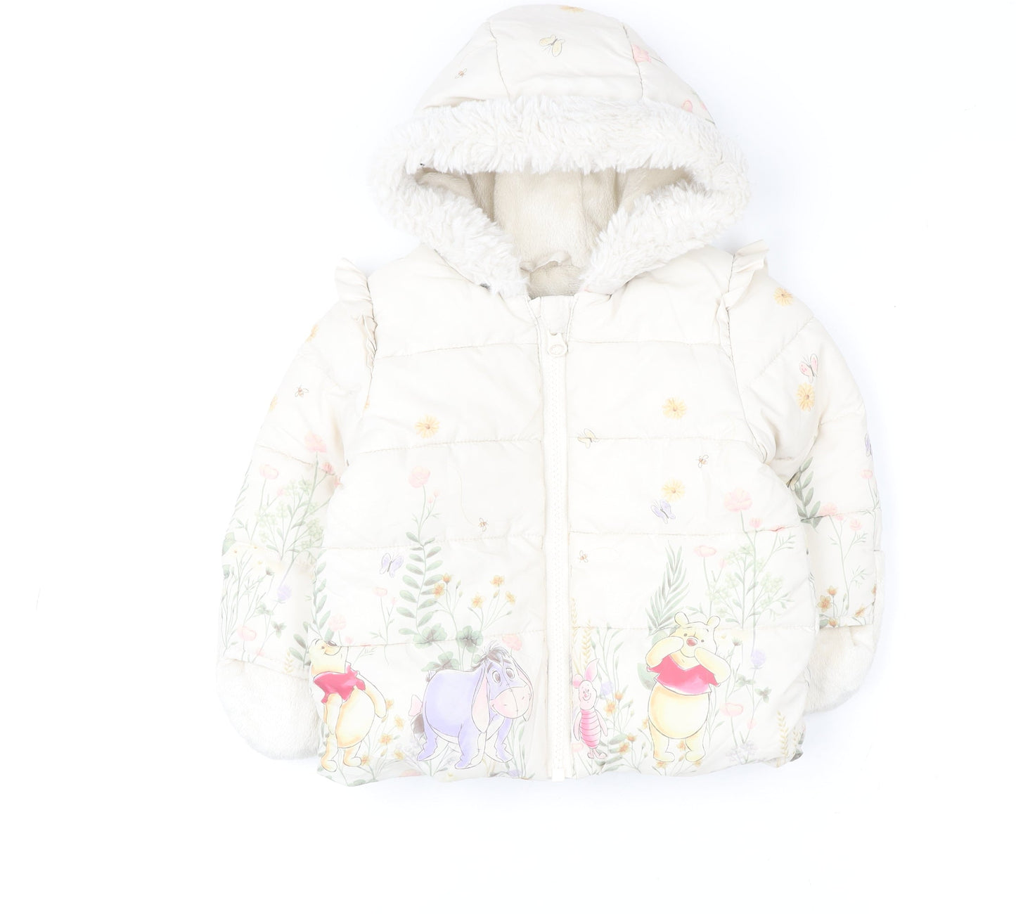 George Girls Ivory Winnie the Pooh Puffer Jacket 3-6 Months Hooded Winter Coat
