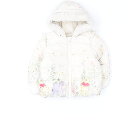 George Girls Ivory Winnie the Pooh Puffer Jacket 3-6 Months Hooded Winter Coat