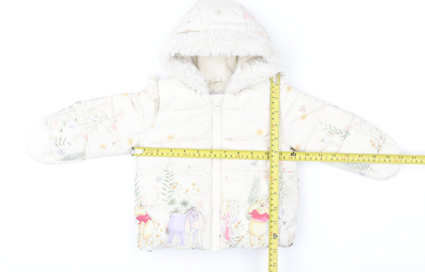 George Girls Ivory Winnie the Pooh Puffer Jacket 3-6 Months Hooded Winter Coat