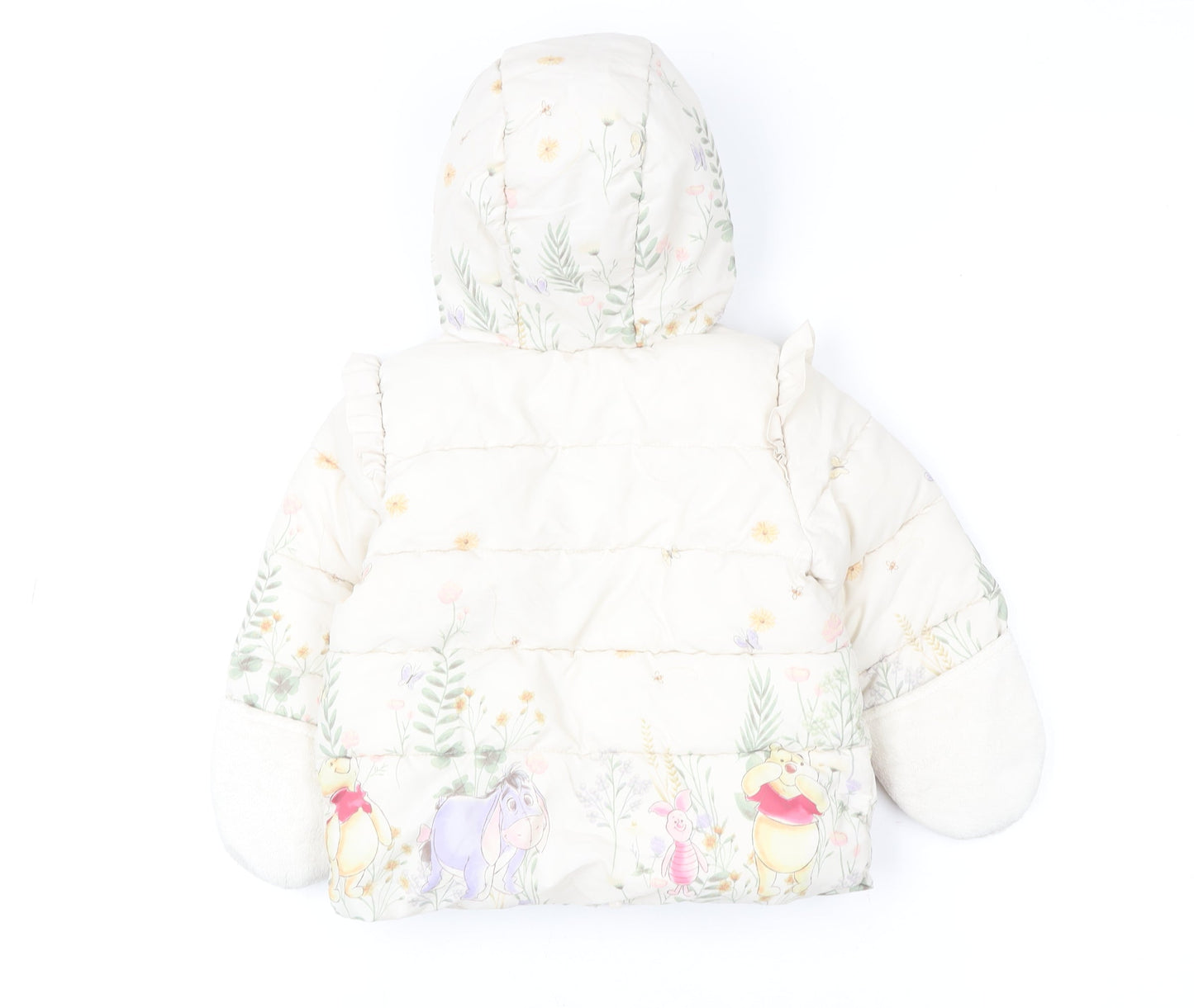 George Girls Ivory Winnie the Pooh Puffer Jacket 3-6 Months Hooded Winter Coat