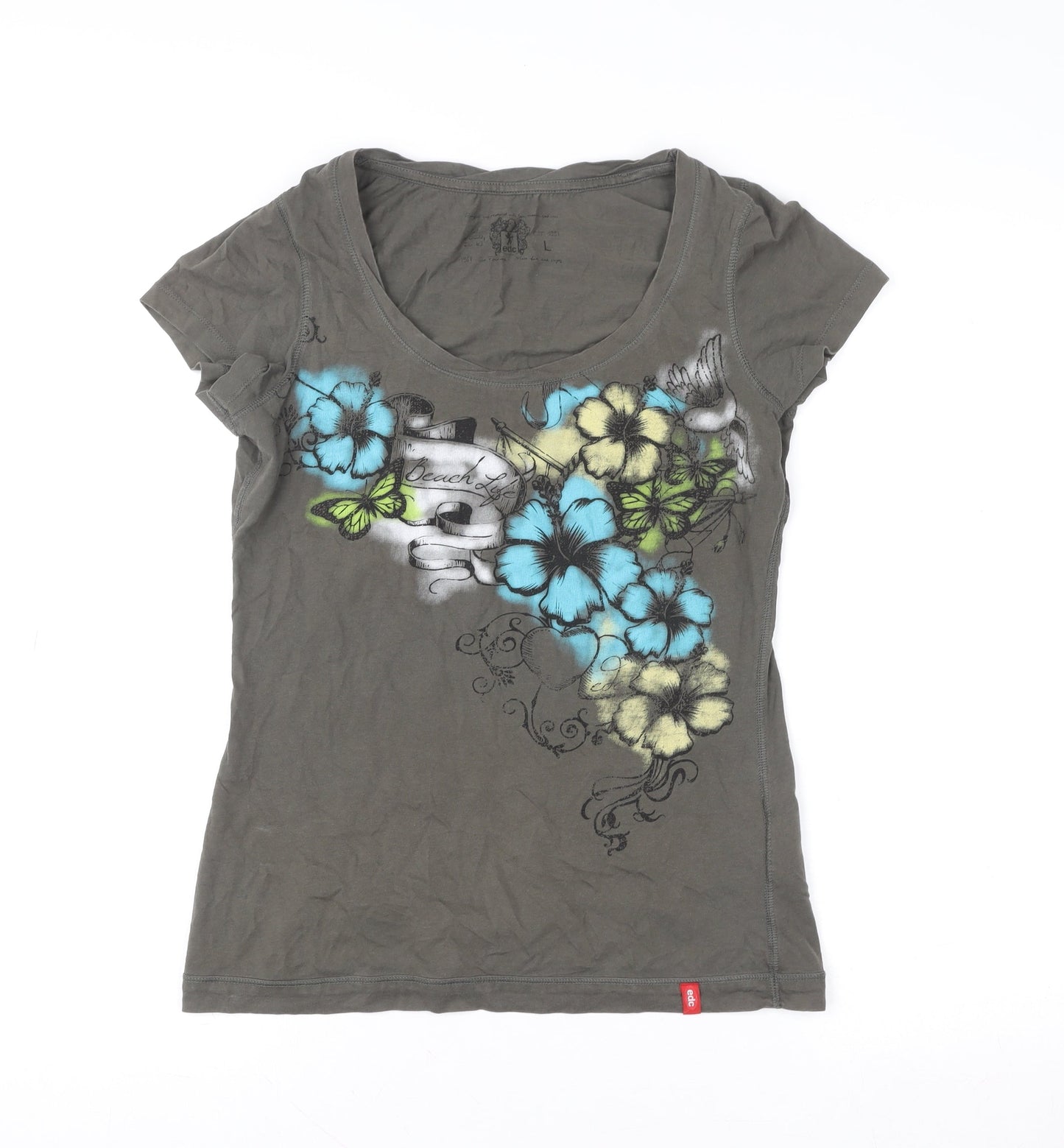 Esprit Women Grey Floral Butterfly Cotton T-Shirt L