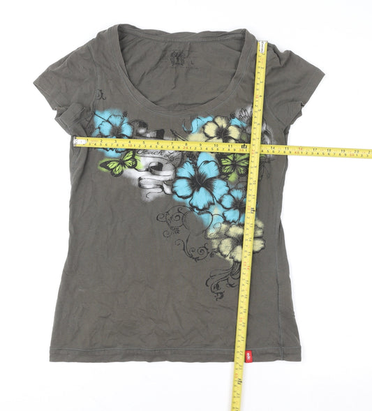 Esprit Women Grey Floral Butterfly Cotton T-Shirt L