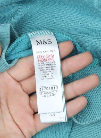 Marks and Spencer Boys Jade Green Pullover Hoodie 13-14 Years Cotton Blend