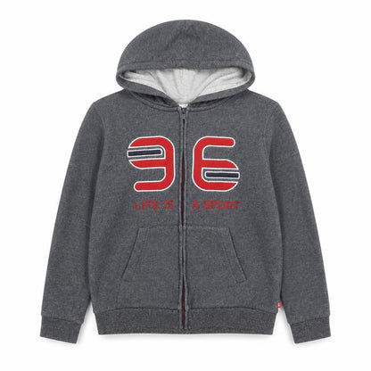 Front view of Okaidi boys’ grey full zip hoodie 14 years graphic sport design