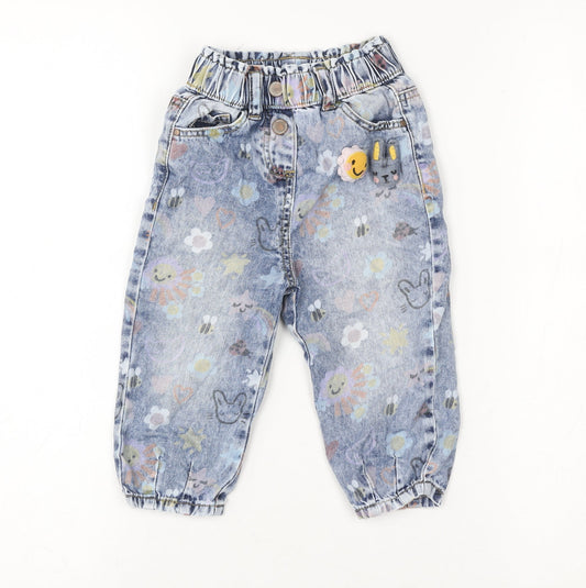 Next Unisex Baby Blue Denim Floral Animal Print Jeans 12-18 Months Elastic Waist