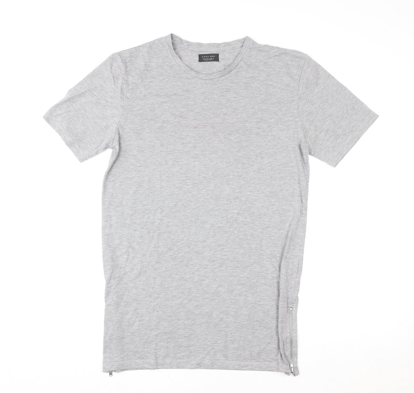 Zara Man Grey Short Sleeve Crew Neck Cotton T-Shirt Men's Size S Zip Detail