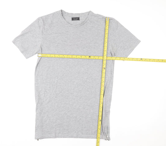 Zara Man Grey Short Sleeve Crew Neck Cotton T-Shirt Men's Size S Zip Detail