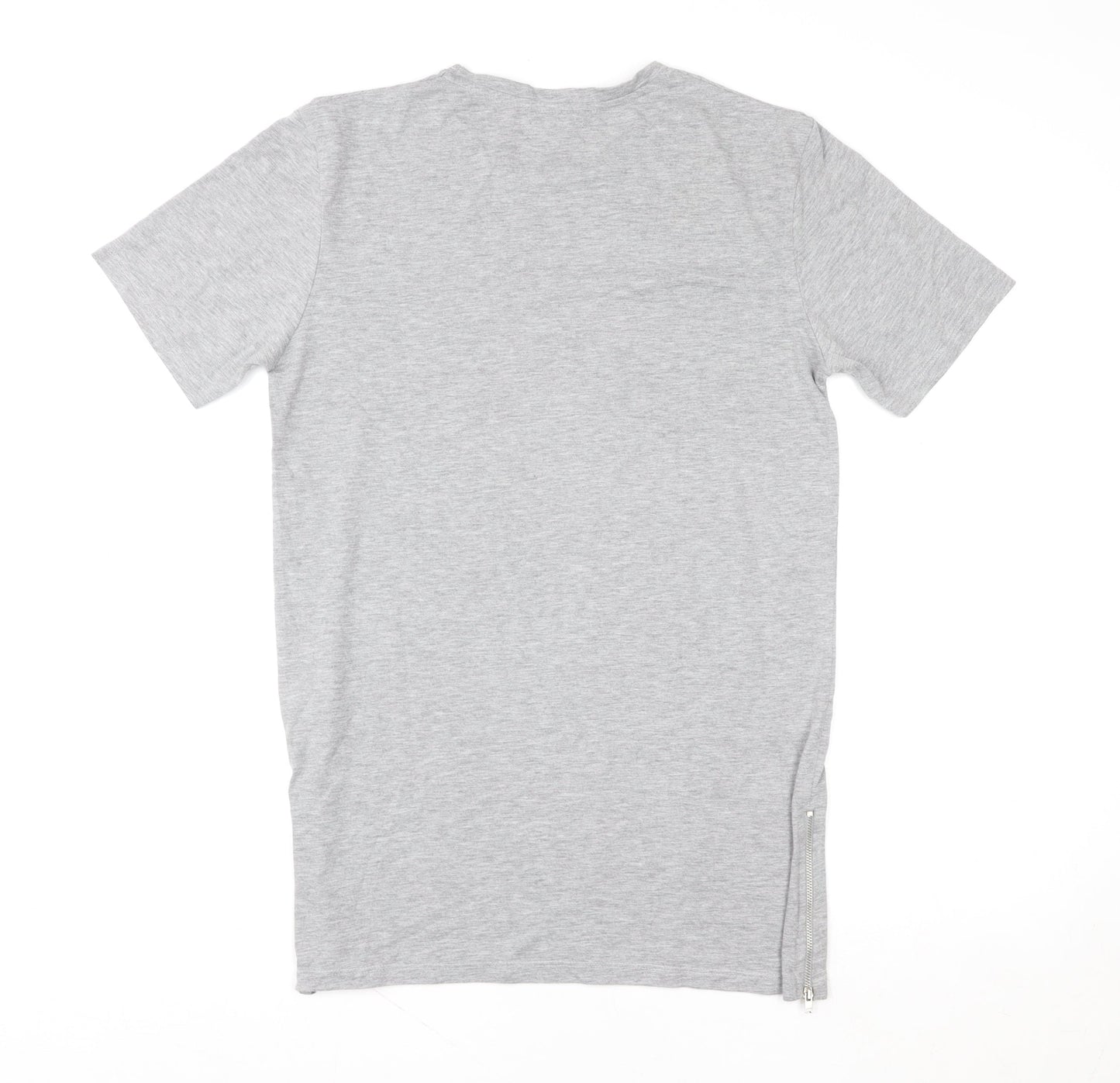 Zara Man Grey Short Sleeve Crew Neck Cotton T-Shirt Men's Size S Zip Detail