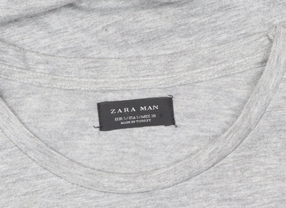 Zara Man Grey Short Sleeve Crew Neck Cotton T-Shirt Men's Size S Zip Detail