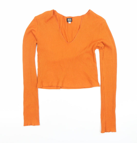 BDG Women's Orange Ribbed V-Neck Cropped Long Sleeve Top Size S