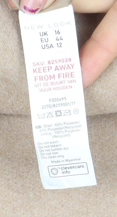 New Look Women's Beige Wool Blend Mid-Length Overcoat Size 16