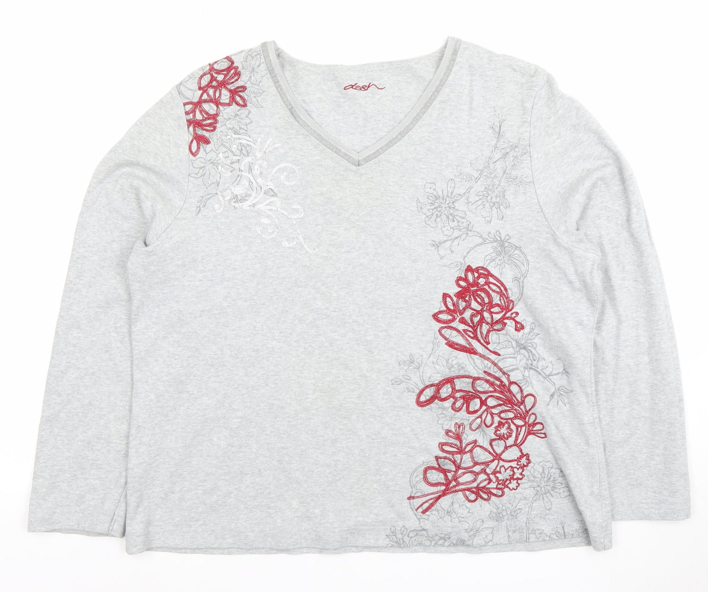Dash Womens Grey Long Sleeve V-Neck Floral Embroidered Top Size 18
