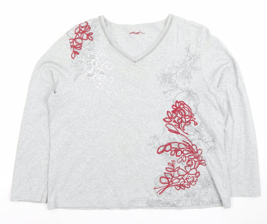 Dash Womens Grey Long Sleeve V-Neck Floral Embroidered Top Size 18