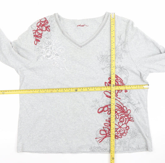 Dash Womens Grey Long Sleeve V-Neck Floral Embroidered Top Size 18
