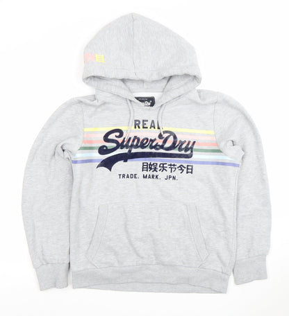 Superdry Womens Grey Pullover Hoodie Size M Logo Graphic Cotton Blend