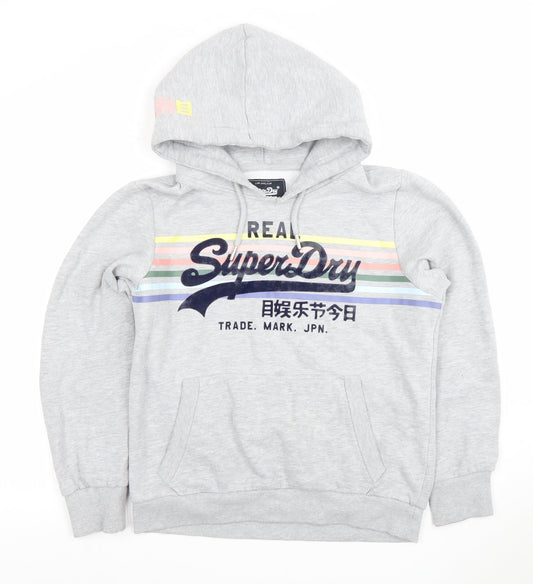 Superdry Womens Grey Pullover Hoodie Size M Logo Graphic Cotton Blend