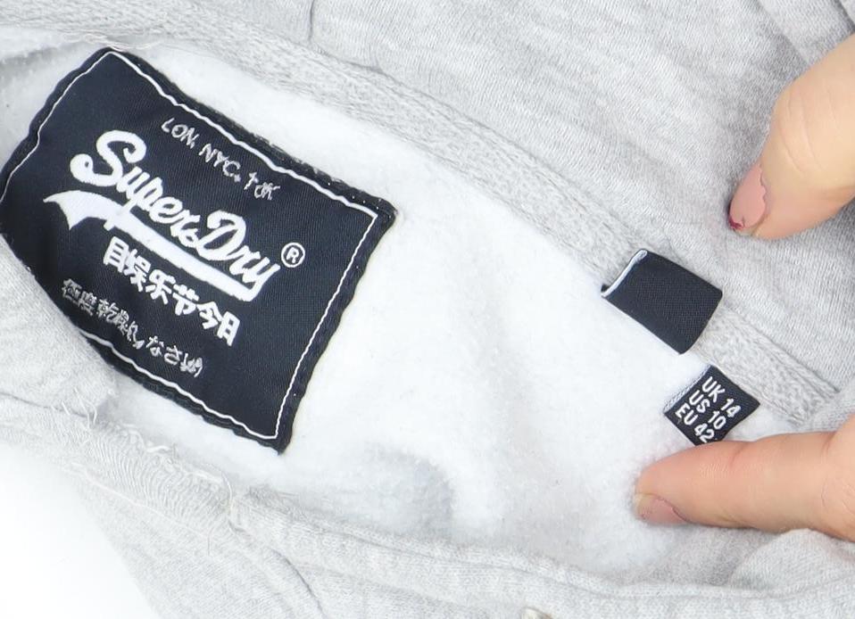 Superdry Womens Grey Pullover Hoodie Size M Logo Graphic Cotton Blend