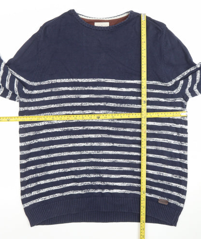 White Stuff Men's Blue Striped Cotton Crew Neck Jumper XXL