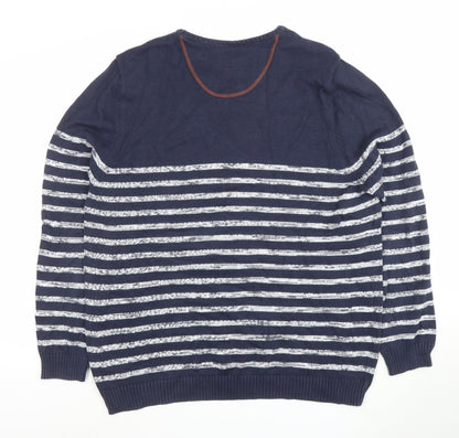 White Stuff Men's Blue Striped Cotton Crew Neck Jumper XXL