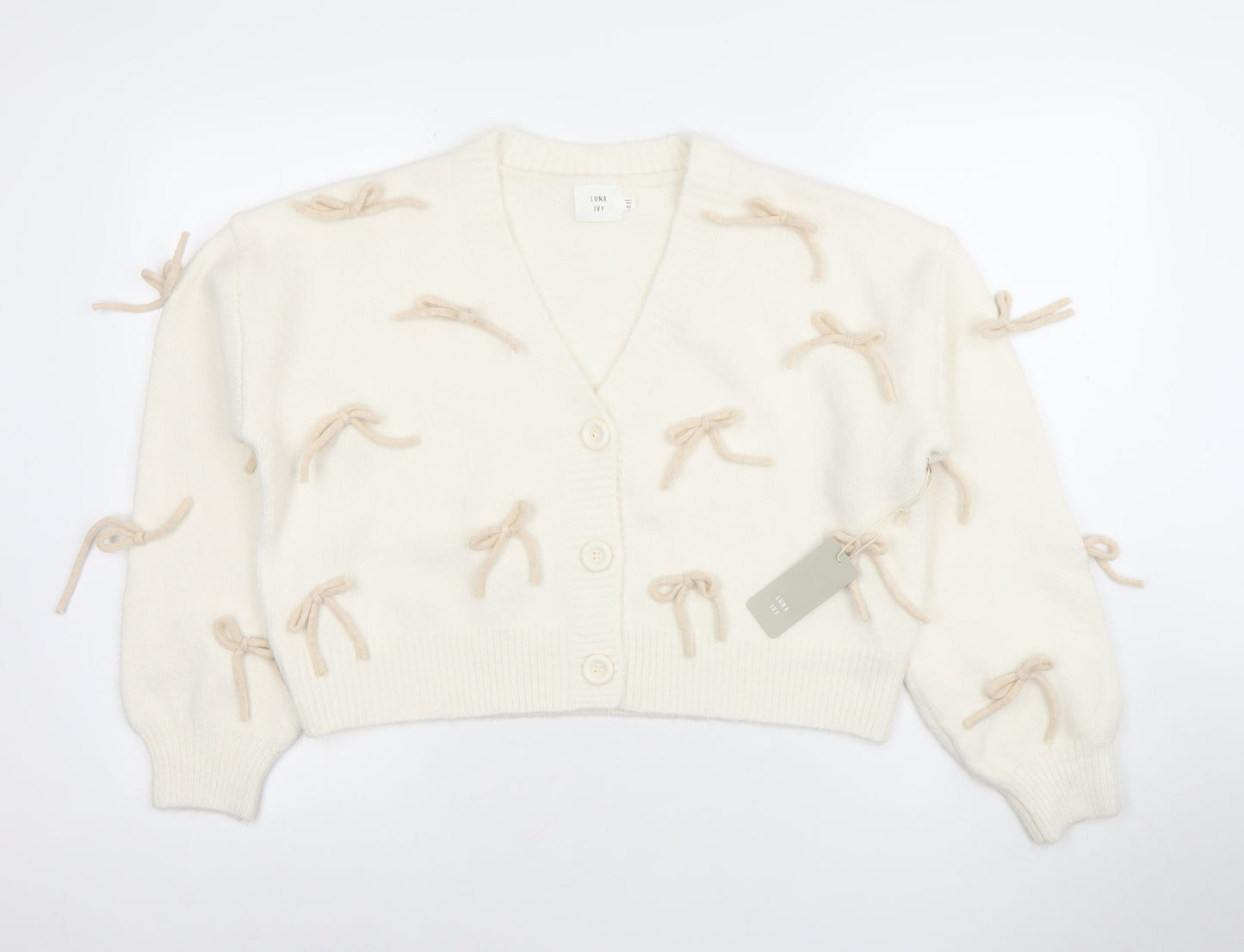 Luna Ivy Women’s Ivory Bow Knit Cardigan XS V-Neck Long Sleeve