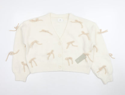 Luna Ivy Women’s Ivory Bow Knit Cardigan XS V-Neck Long Sleeve