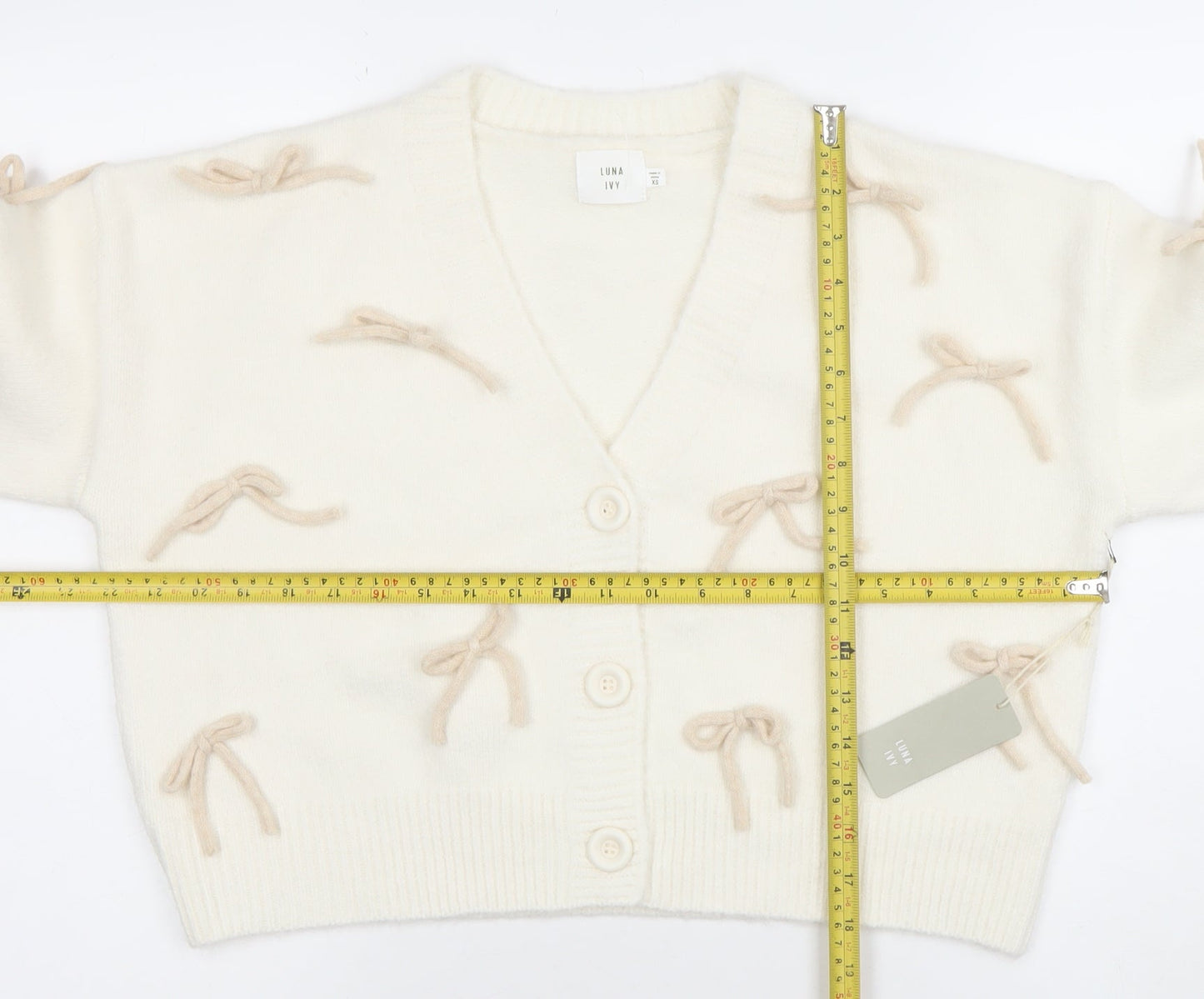 Luna Ivy Women’s Ivory Bow Knit Cardigan XS V-Neck Long Sleeve